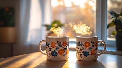 Two coffee mugs with matching designs, steaming lightly, placed on a cozy wooden tabletop near a window.