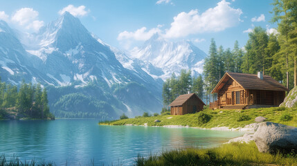 Obraz premium Serene Alpine Retreat: Idyllic Wooden Cabins by a Crystal-Clear Mountain Lake