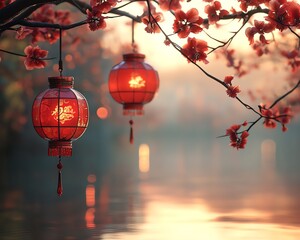 Elegant Chinese New Year decorations, red lanterns hanging from trees, soft water reflections, vibrant celebration atmosphere, ultradetailed, 4K image