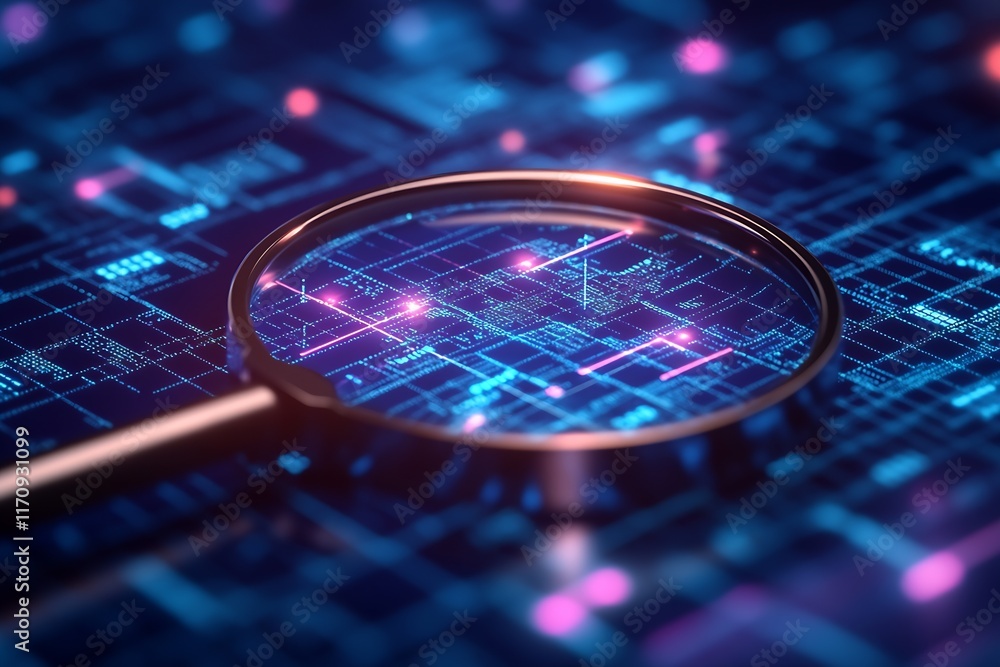 Poster magnifying glass examining digital circuit board with futuristic elements : generative ai