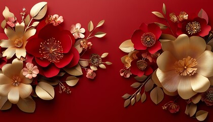 Elegant red and gold floral decor, Chinese new year 2025 celebration, finely crafted paper flowers, intricate design, highresolution, cinematic glow