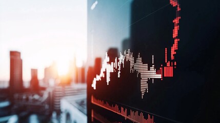 Investments and Strategy, Risk and Reward Concept. Stock Market Chart with Cityscape Background at Sunset