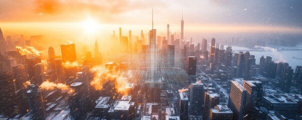 A stunning aerial view of a city skyline at sunset, showcasing towering buildings and vibrant colors.