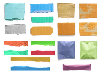 Set of ripped torn paper on white background.