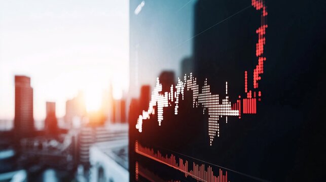Investments and Strategy, Risk and Reward Concept. Stock Market Chart with Cityscape Background at Sunset