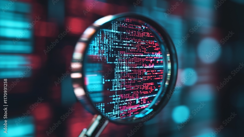 Poster digital code and magnification concept in futuristic neon colors : generative ai