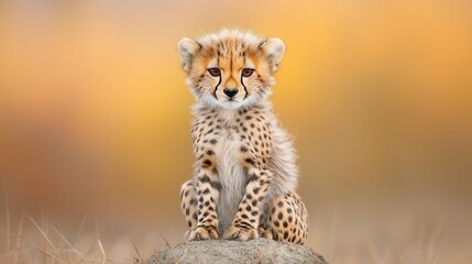 A cheetah cub sitting on top of a rock