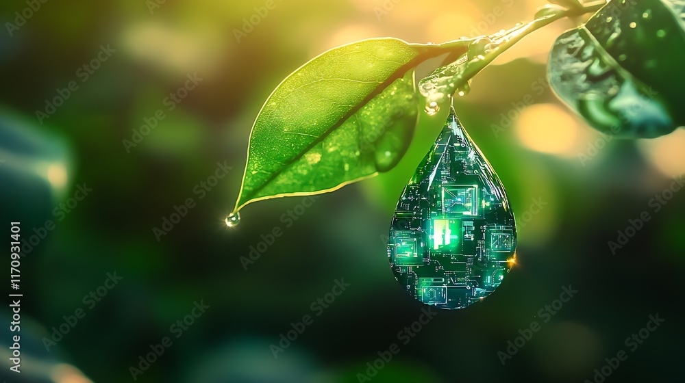 Poster Glowing Circuitry Pattern in a Dew Drop on Leaf Highlighting Tech and Nature Harmony : Generative AI