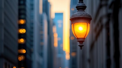 A street light in the middle of a city at dusk
