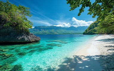 Fototapeta premium Gorgeous beach scene with white sand, vibrant blue water, coral reef on the left, tropical paradise, crystalclear water, vivid colors, ultradetailed, HD quality