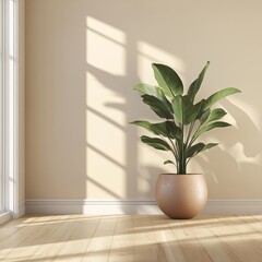 Fototapeta premium Indoor Plant in Modern Pot with Sunlight and Shadow on Wall