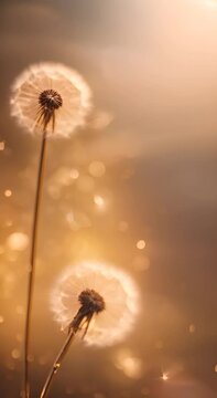 Fluffy dandelion seeds against a warm brown gradient background with soft bokeh light Copy space website banner 4K