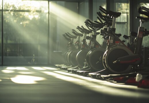 A row of stationary bikes are lined up in a gym - Powered by Adobe