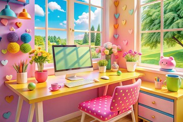 Obraz premium Kawaii Computer Desk Setup: Fun & Functional Study Space near Window