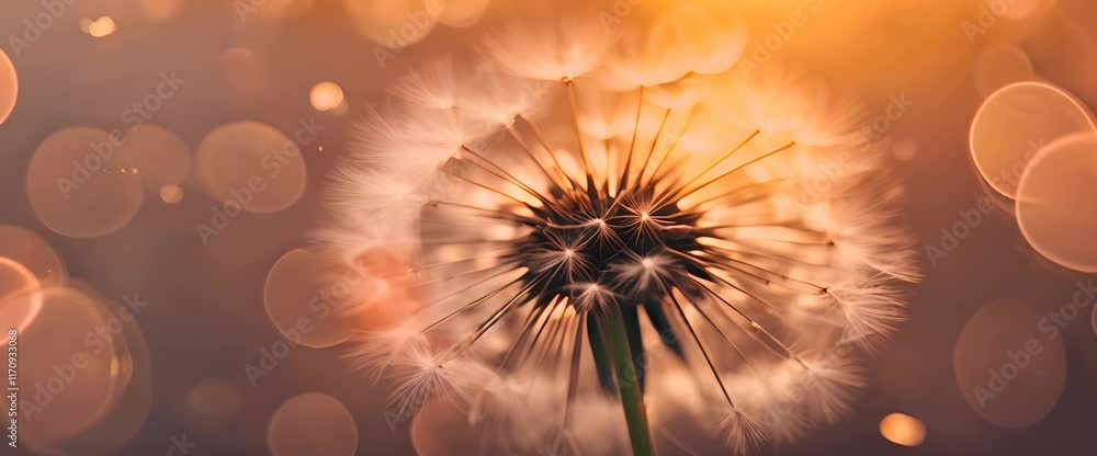 Poster fluffy dandelion seeds against a warm brown gradient background with soft bokeh light copy space web