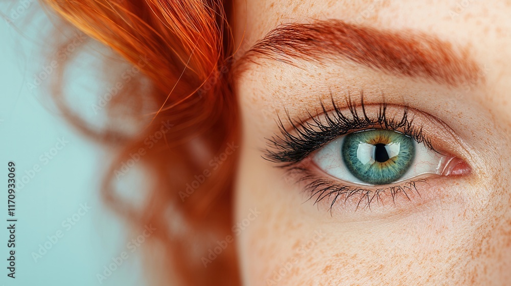 Wall mural  A close up of a woman's blue eye with red hair