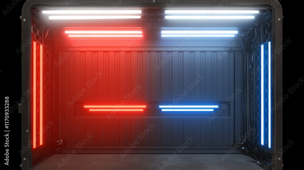 Poster a bare stage adorned with vibrant spotlights or multiple bright projectors to create dynamic scene l
