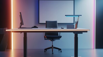 A computer desk with a chair and a white board