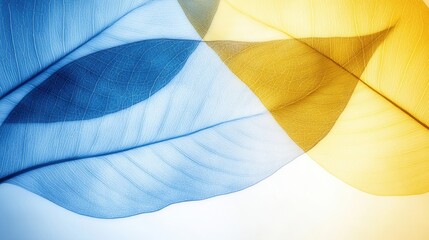 A close up of a blue and yellow leaf on a white background