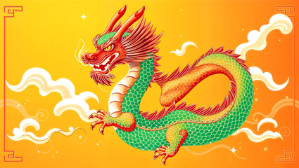 Obraz premium Colorful Chinese dragon on a vibrant orange background, symbolizing power and tradition, ideal for cultural themes. Generative AI