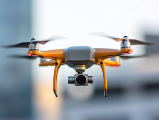 Drone flying with spinning propellers, capturing aerial views urban settings. This advanced technology enhances delivery