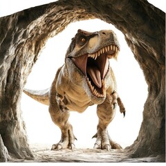 Obraz premium A roaring dinosaur emerging from a cave, showcasing its fierce presence.
