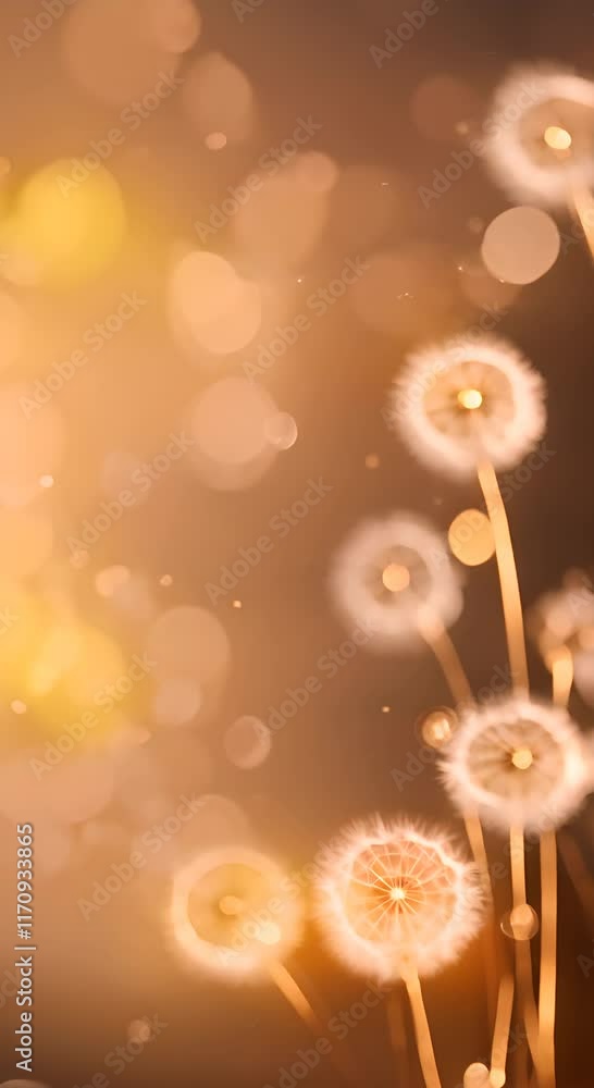 Poster fluffy dandelion seeds against a warm brown gradient background with soft bokeh light copy space bac