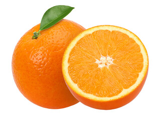 Orange fruit with leaves and half isolated, transparent PNG, collection, PNG format, cut out