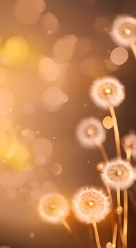 Fluffy dandelion seeds against a warm brown gradient background with soft bokeh light Copy space backdrop 4K vertical