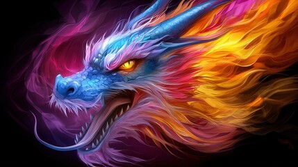 Obraz premium A colorful dragon with yellow eyes on a black background