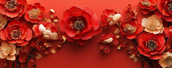 Red and gold paper flowers, traditional Chinese motifs, vibrant lunar new year decorations, 2025 concept, festive and ornate, 4K ultrarealistic details