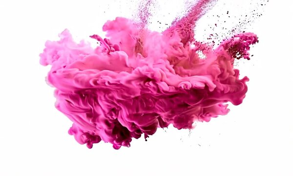 Pink paint splash in water against a white background, colored ink spreads and bursts like a colorful cloud. Slow motion