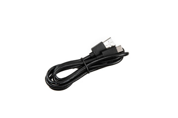 Black USB cable with two connectors, neatly coiled and secured with a strap, isolated on a white...