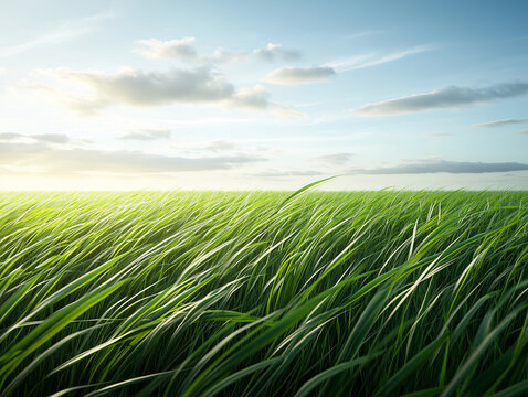 Vibrant green grassland swaying gently in breeze under bright sky