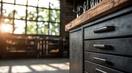 Modern garage interior with wooden workbench and sunlight streaming in