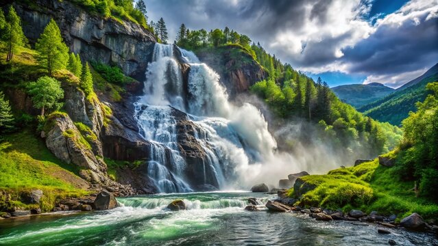 Langfoss Waterfall, Etne, Norway: Majestic Cascade in Rugged Landscape