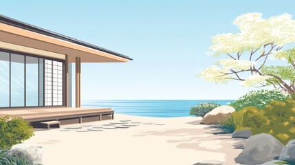 Fototapeta premium Modern Japanese House Overlooking a Calm Ocean
