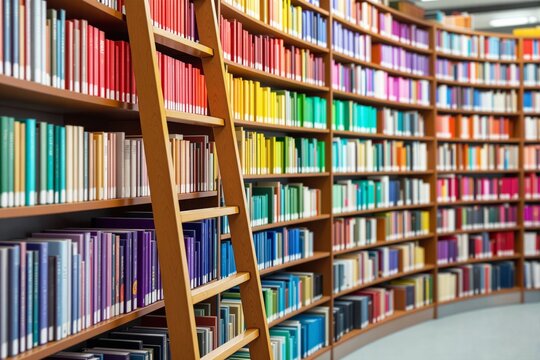 Curved bookshelves filled with books sorted in a rainbow gradient, wooden ladder leaning, indoor library setting, concept of knowledge and education. Ai generative