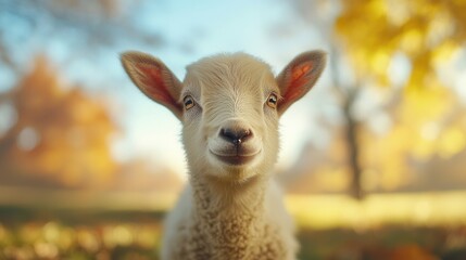 Fototapeta premium A close up of a baby lamb looking at the camera