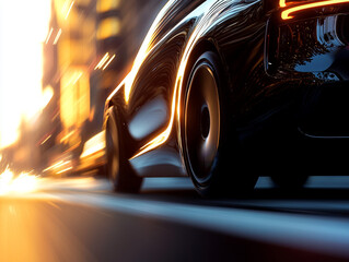 Compact electric car navigating narrow city streets, showcasing sleek design and modern technology, illuminated by city lights