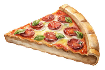 Watercolor pizza slice, pepperoni toppings, fresh basil leaves, vibrant colors, food illustration, culinary art.