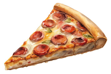 Watercolor pizza slice, pepperoni toppings, delicious food illustration, vibrant colors, culinary art, restaurant menu design.