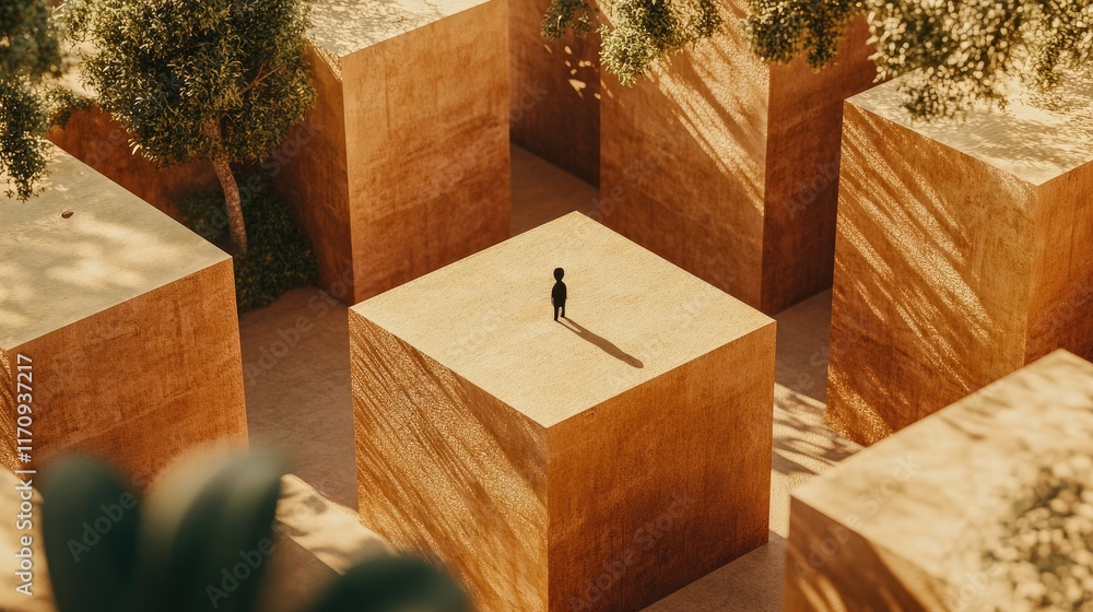 Aufkleber a solitary figure stands atop a cube in a maze-like environment, exploring themes of isolation.