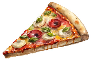 Watercolor pizza slice, vibrant colors, fresh ingredients, delicious toppings, culinary art, food illustration.