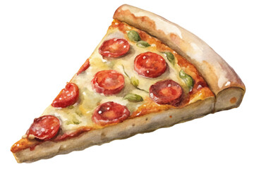 Watercolor pizza slice, pepperoni toppings, vibrant colors, delicious food illustration, culinary art, restaurant menu design.