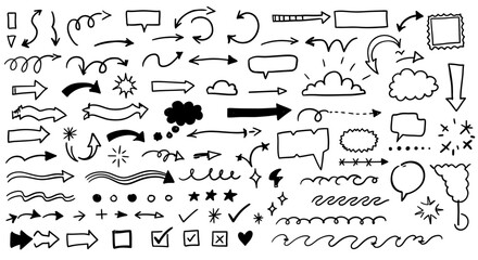 Hand-Drawn Doodle Elements Collection Arrows, Frames, Icons, and Decorative Patterns.

