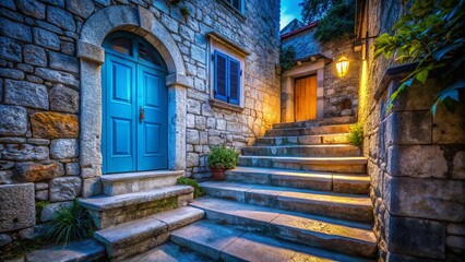 Fototapeta premium Long Exposure: Blue Door, Stari Grad, Novi Vinodolski, Croatia - Historic Steps