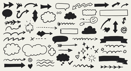 Hand-Drawn Doodle Elements Collection Arrows, Frames, Icons, and Decorative Patterns.

