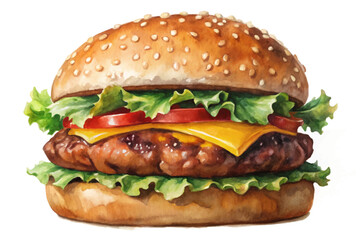Delicious hamburger, fresh lettuce, ripe tomatoes, melted cheese, sesame seed bun, appetizing food illustration.