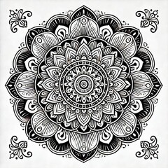 Intricate Black and White Floral Mandala Design | Symmetrical Mehndi-Inspired Art | Detailed Geometric Patterns for Coloring Books and Tattoos